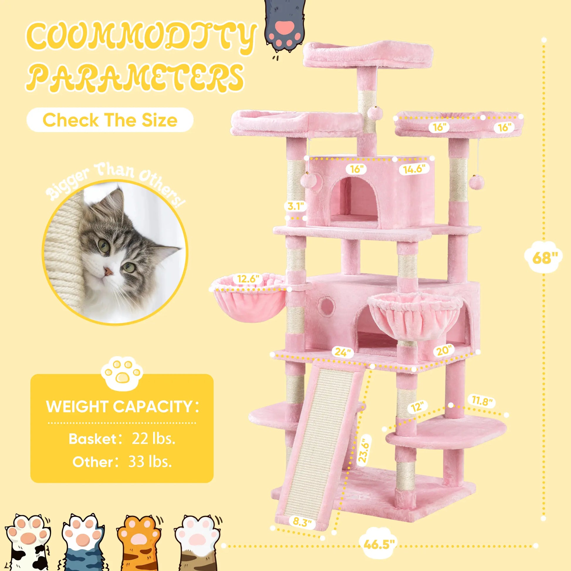 SHA CERLIN 81In/67In Multi-Level Tall Cat Tree Tower with Hammock & Sisal Scratching Posts Larger Cat Condo Furniture for Multi-Cat Play & Rest Summervibes Father'S Day Gift