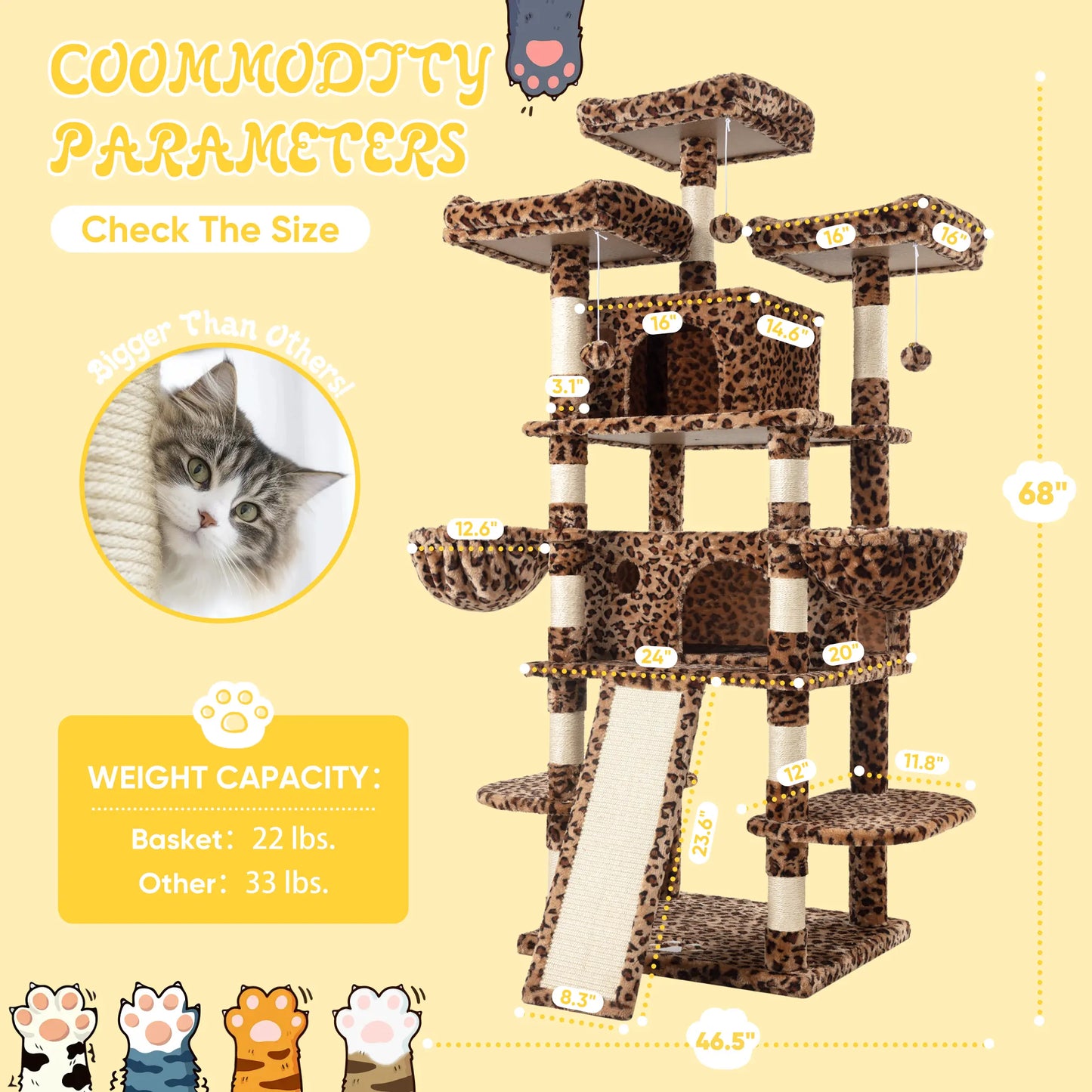 SHA CERLIN 81In/67In Multi-Level Tall Cat Tree Tower with Hammock & Sisal Scratching Posts Larger Cat Condo Furniture for Multi-Cat Play & Rest Summervibes Father'S Day Gift