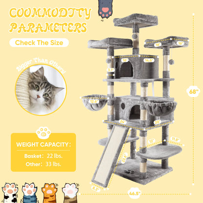 SHA CERLIN 81In/67In Multi-Level Tall Cat Tree Tower with Hammock & Sisal Scratching Posts Larger Cat Condo Furniture for Multi-Cat Play & Rest Summervibes Father'S Day Gift