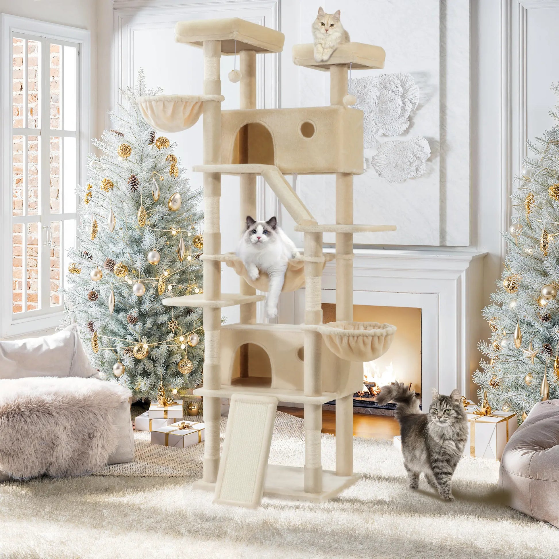 SHA CERLIN 81In/67In Multi-Level Tall Cat Tree Tower with Hammock & Sisal Scratching Posts Larger Cat Condo Furniture for Multi-Cat Play & Rest Summervibes Father'S Day Gift
