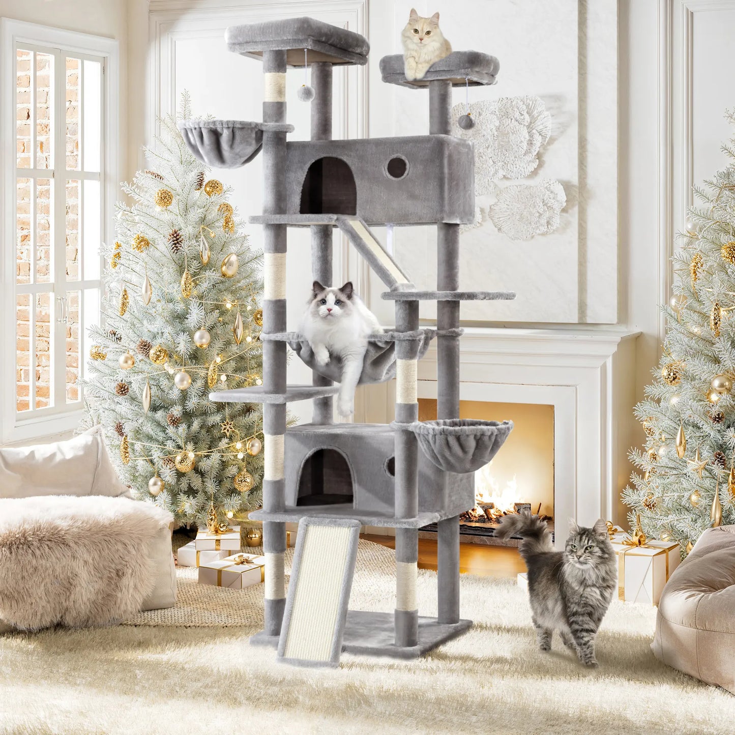 SHA CERLIN 81In/67In Multi-Level Tall Cat Tree Tower with Hammock & Sisal Scratching Posts Larger Cat Condo Furniture for Multi-Cat Play & Rest Summervibes Father'S Day Gift