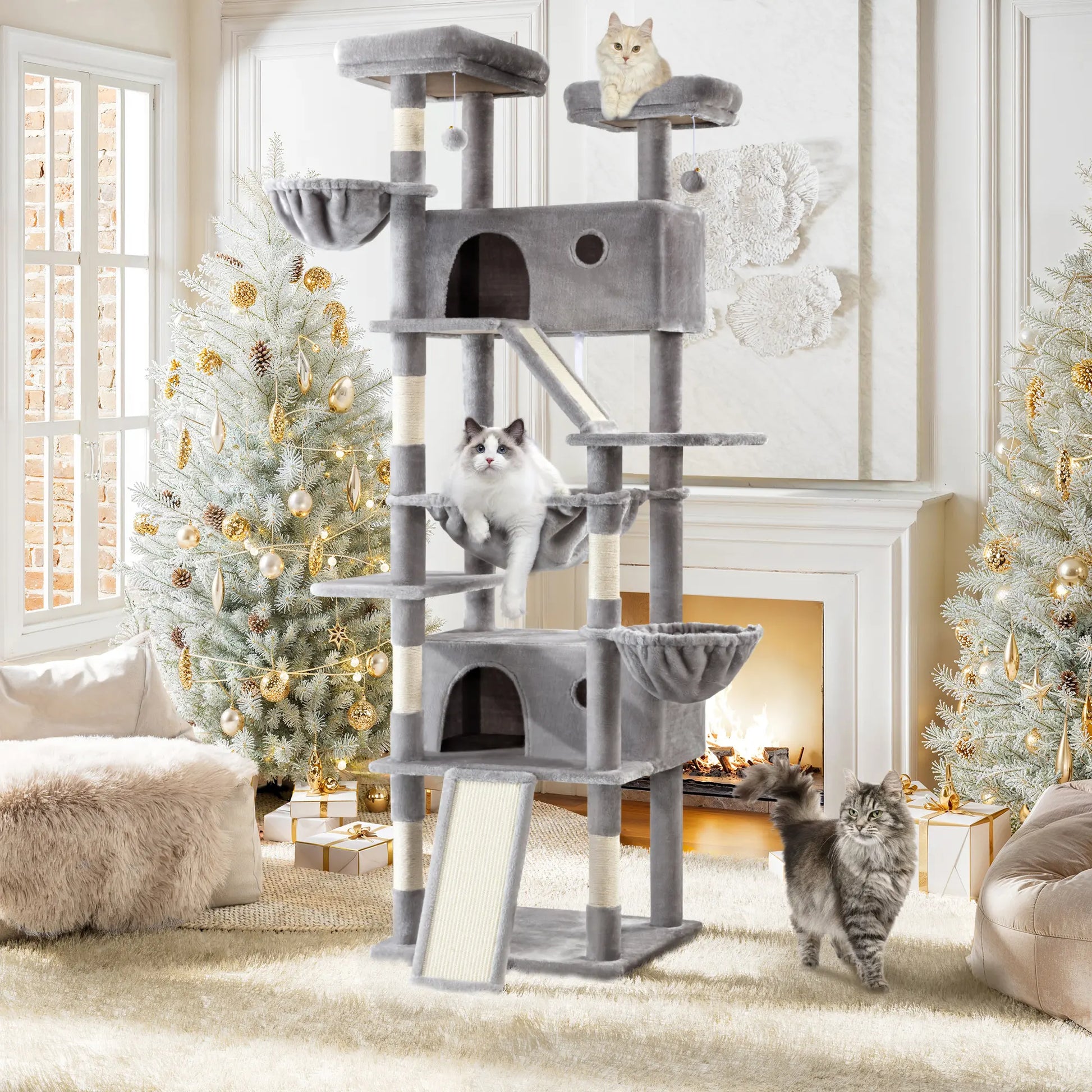 SHA CERLIN 81In/67In Multi-Level Tall Cat Tree Tower with Hammock & Sisal Scratching Posts Larger Cat Condo Furniture for Multi-Cat Play & Rest Summervibes Father'S Day Gift