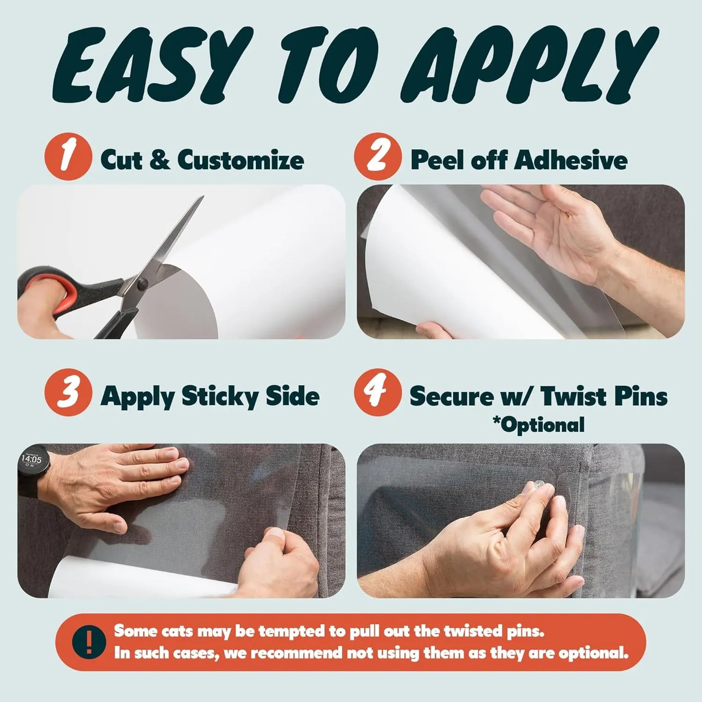 AISOON 12-Pack Heavy-Duty Cat Scratch Furniture Protectors - Easy-to-Apply Sofa Corner, Wall, and Door Shields with 50 Twist Pins