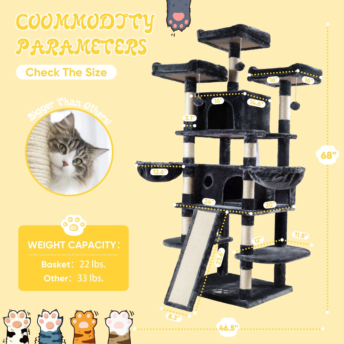 SHA CERLIN 81In/67In Multi-Level Tall Cat Tree Tower with Hammock & Sisal Scratching Posts Larger Cat Condo Furniture for Multi-Cat Play & Rest Summervibes Father'S Day Gift