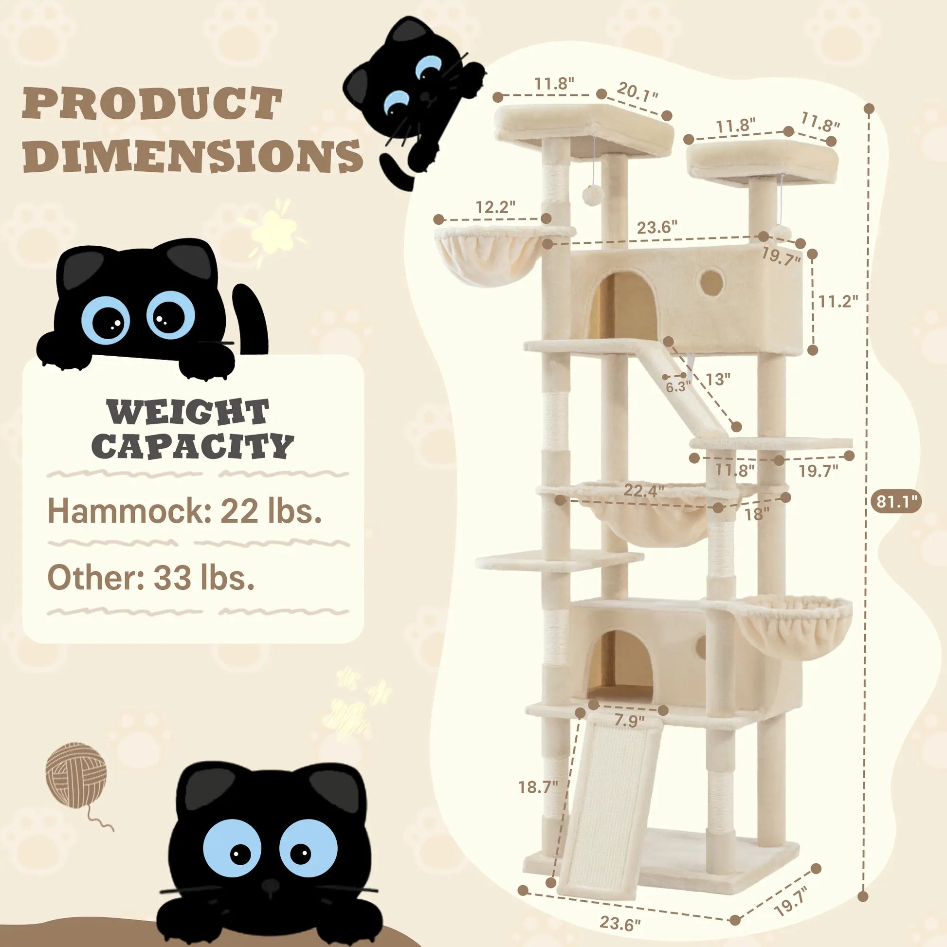 SHA CERLIN 81In/67In Multi-Level Tall Cat Tree Tower with Hammock & Sisal Scratching Posts Larger Cat Condo Furniture for Multi-Cat Play & Rest Summervibes Father'S Day Gift