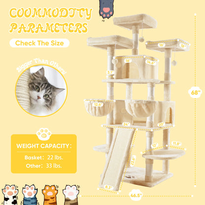 SHA CERLIN 81In/67In Multi-Level Tall Cat Tree Tower with Hammock & Sisal Scratching Posts Larger Cat Condo Furniture for Multi-Cat Play & Rest Summervibes Father'S Day Gift