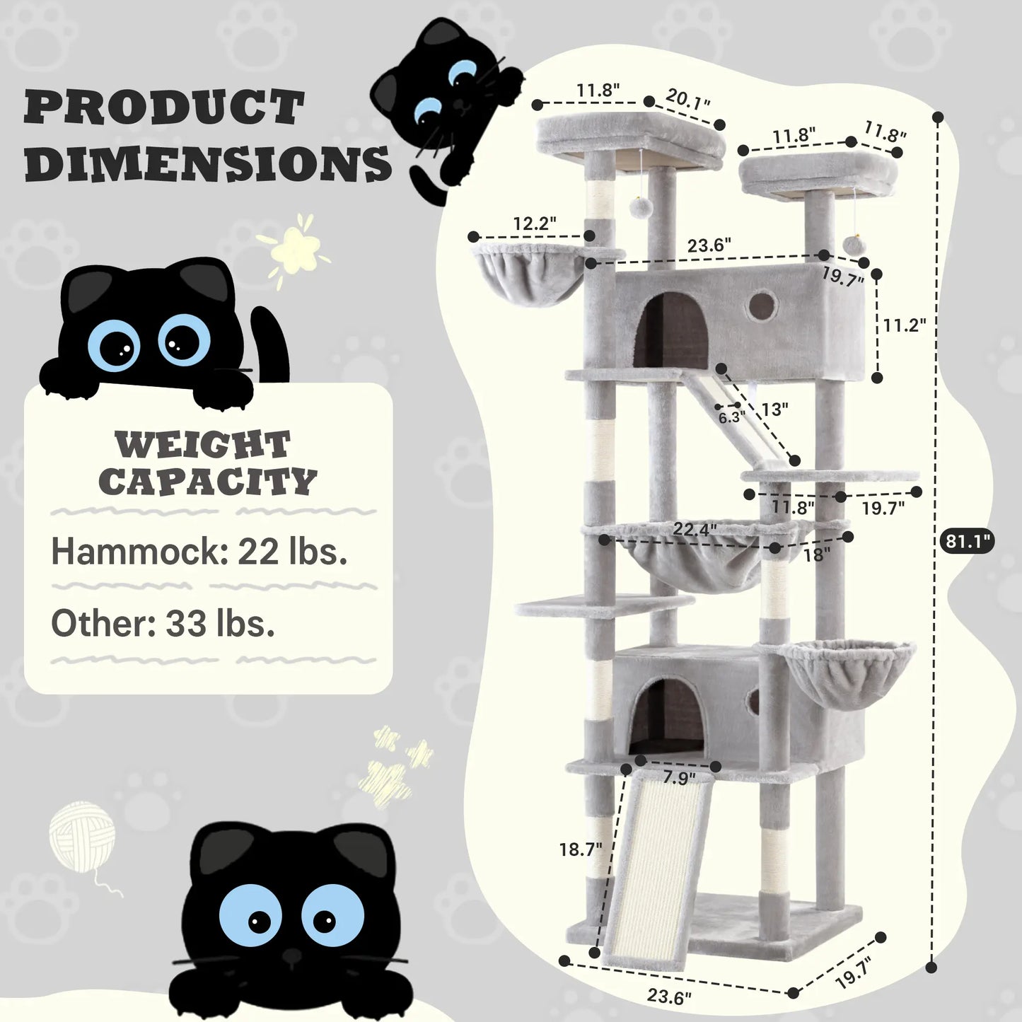 SHA CERLIN 81In/67In Multi-Level Tall Cat Tree Tower with Hammock & Sisal Scratching Posts Larger Cat Condo Furniture for Multi-Cat Play & Rest Summervibes Father'S Day Gift