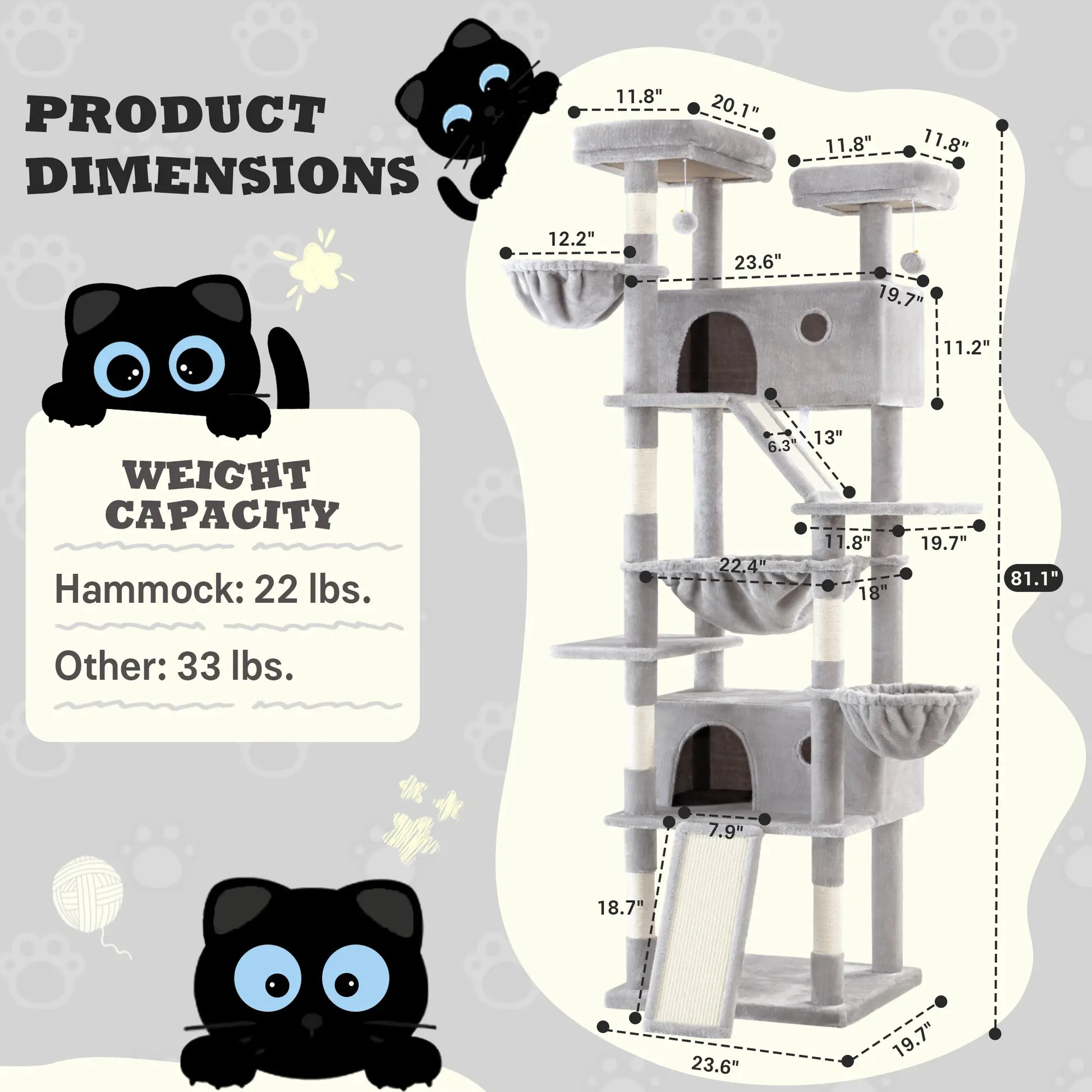 SHA CERLIN 81In/67In Multi-Level Tall Cat Tree Tower with Hammock & Sisal Scratching Posts Larger Cat Condo Furniture for Multi-Cat Play & Rest Summervibes Father'S Day Gift